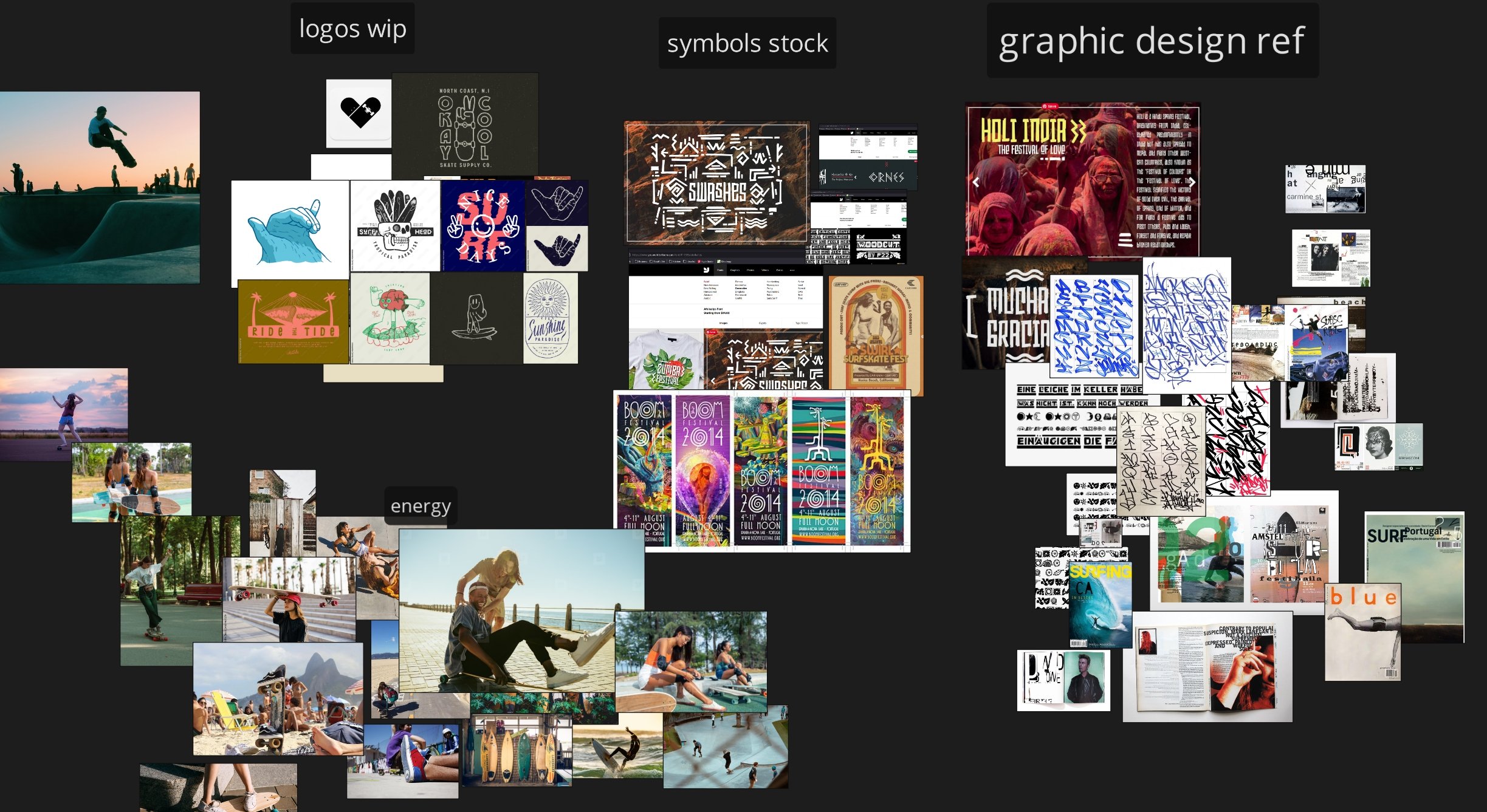 A digital collage of visual materials including logos, symbols, and graphic design references, with sections labeled 'logos wip,' 'symbols stock,' and 'graphic design ref.' The collage features skateboarding and surfing images, artistic designs, and posters for events such as music festivals.