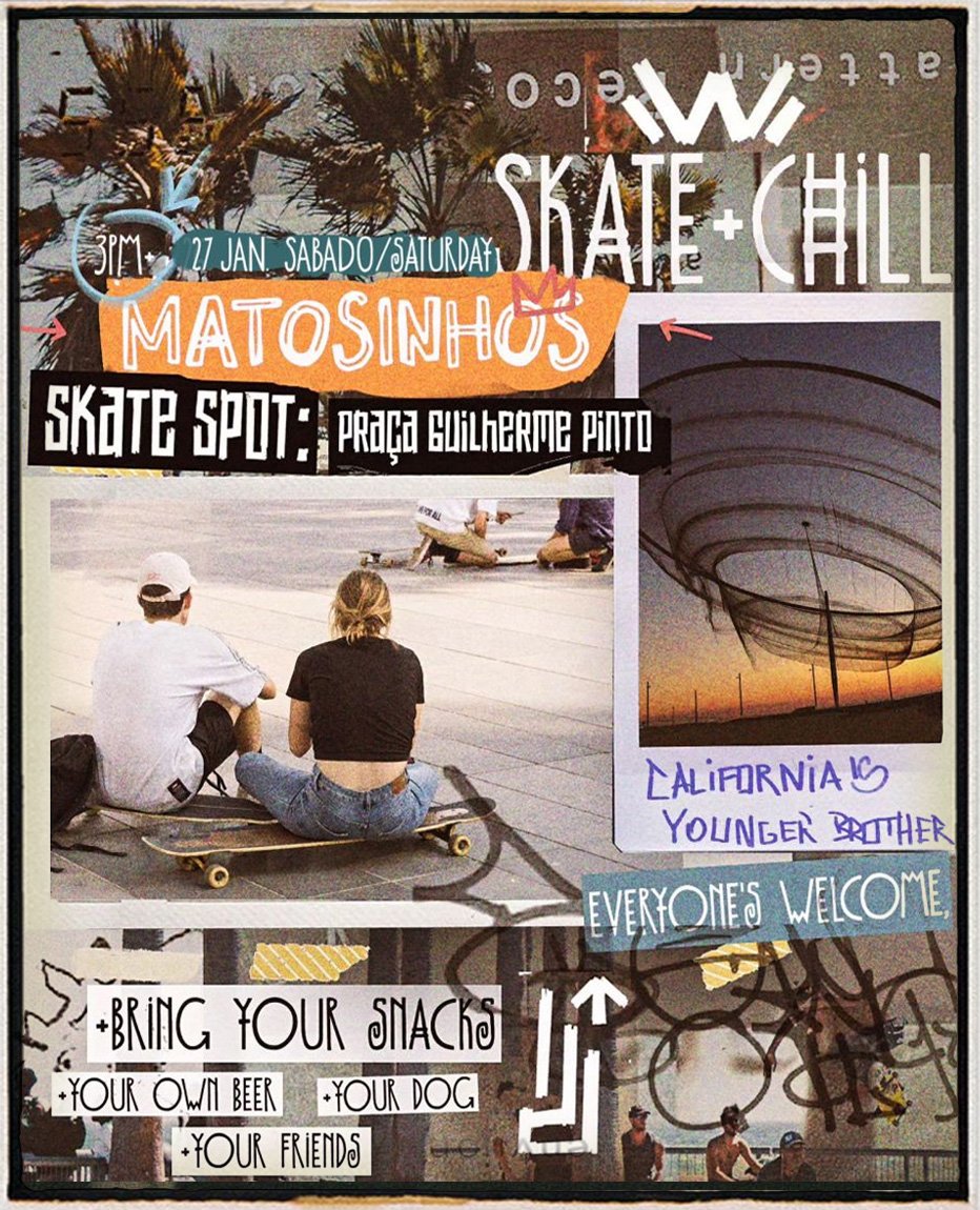 Event poster with colorful text and images promoting skateboarding activities. Highlights include a skate spot at Praça Guilherme Pinto, scheduled for January 27th at 3 PM, featuring skate and chill sessions, along with a photo of two people sitting on a skateboard in a skatepark. The poster encourages bringing snacks, own beer, dog, and friends. Different graphic elements and a sunset image are also visible.