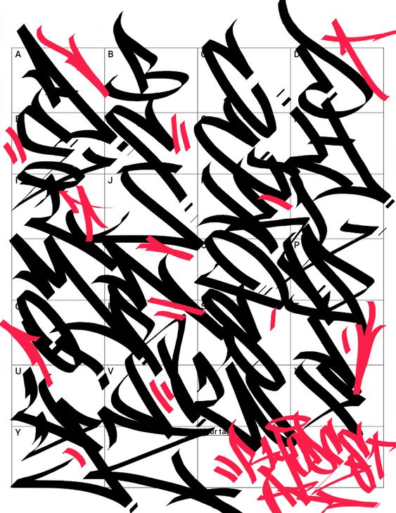 Colorful graffiti tags in black and red on a grid paper background.