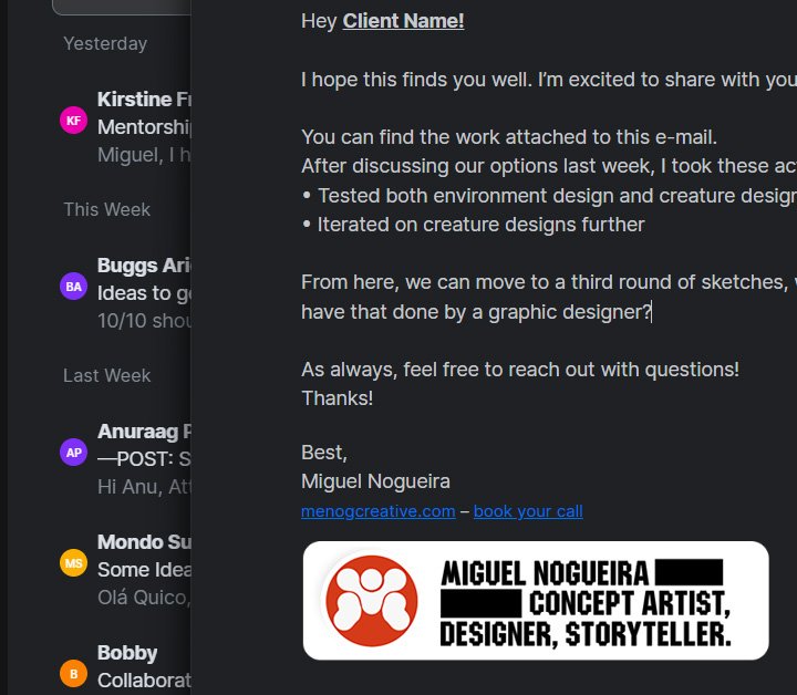 Email reply from Miguel Nogueira discussing design work, with a logo of a red circle with white abstract figures and text listing his roles as concept artist, designer, and storyteller.
