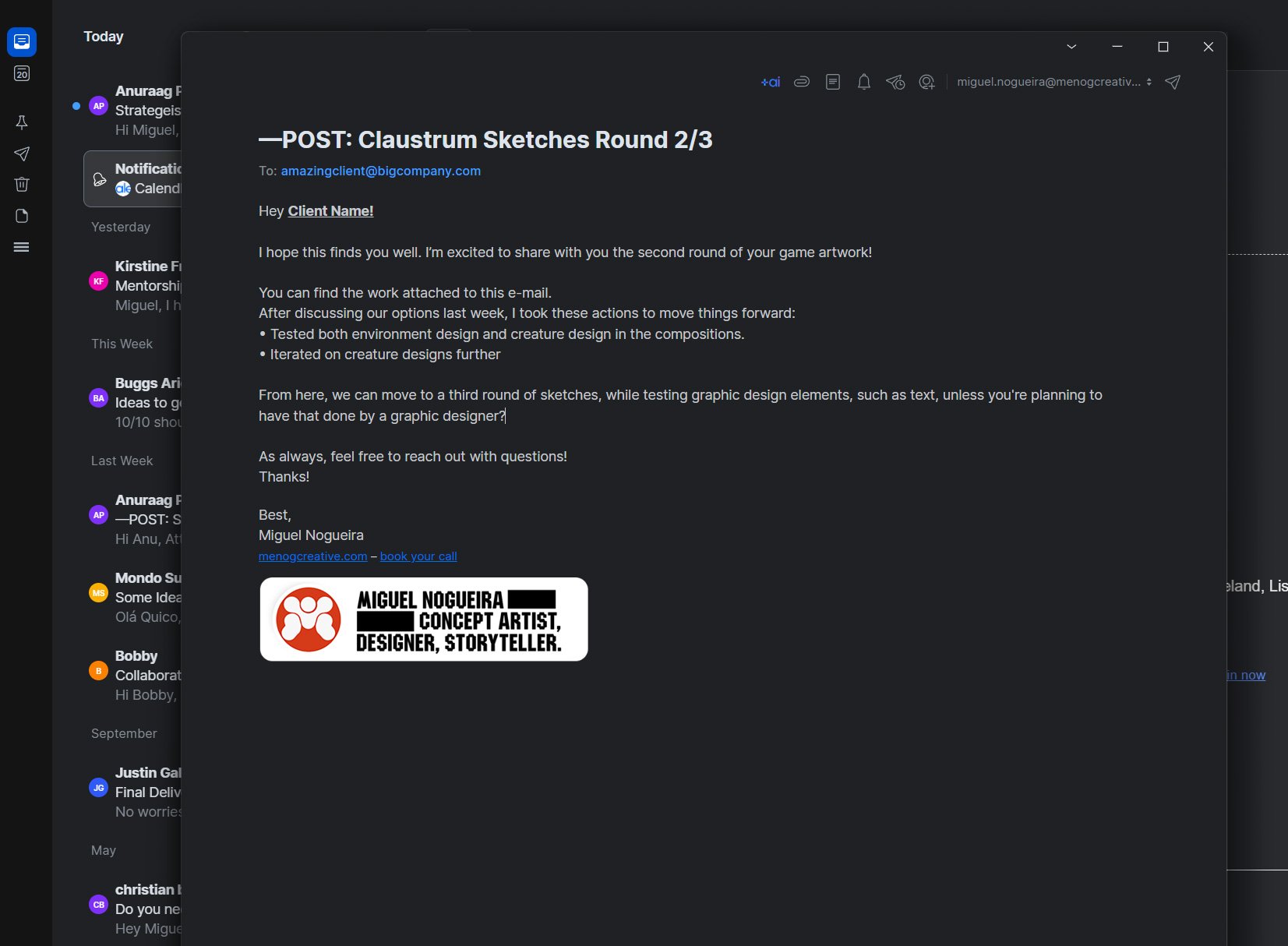 Screenshot of an email titled 'POST: Claustrum Sketches Round 2/3' discussing game artwork, featuring a logo with a red circle and white star and text reading 'MIGUEL NOGUEIRA CONCEPT ARTIST, DESIGNER, STORYTELLER.'