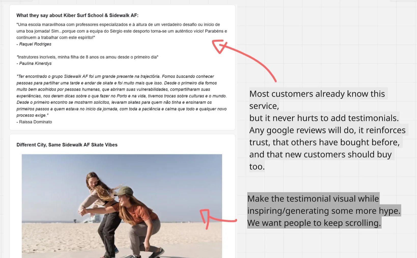 A digital document discussing customer testimonials, featuring quotes from Raquel Rodrigues, Paulina Kinerdys, and Raissa Dominato. It includes a photo of two women on a skateboard on a beach, with one woman pushing the other, suggesting a skateboarding vibe.