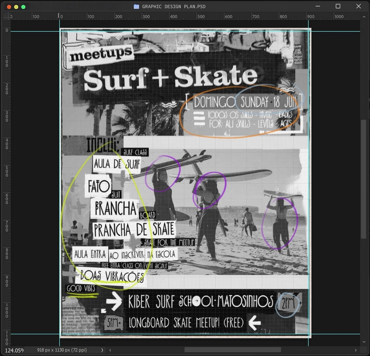 A poster advertising a surf and skate meetup event on Sunday, June 18, featuring surf classes, skateboarding, and free skate lessons for all levels, with additional activities like a longboard skate meetup and surf school. The background shows people on a beach with surfers carrying surfboards, and the poster includes handwritten and printed text with colorful circles highlighting different sections.