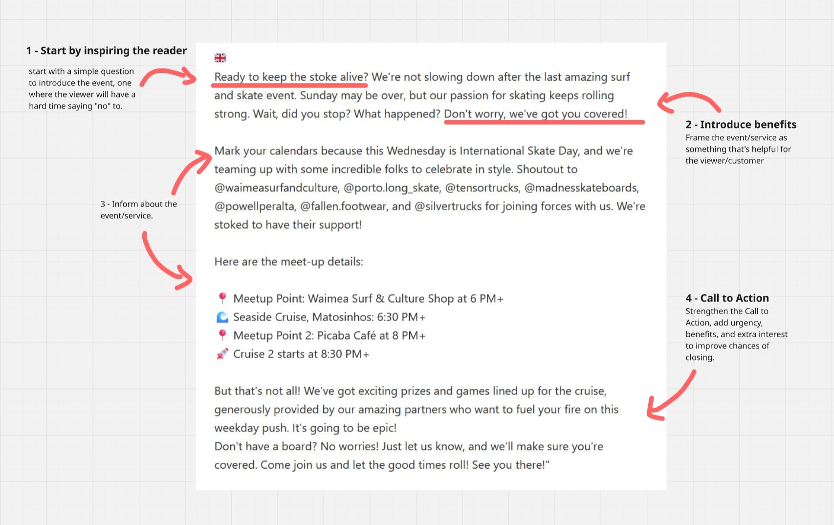 A digital flyer for a skating event. It starts with a question about keeping the stroke alive, introduces the event benefits and details, and ends with a call to action about prizes and games for the cruise.