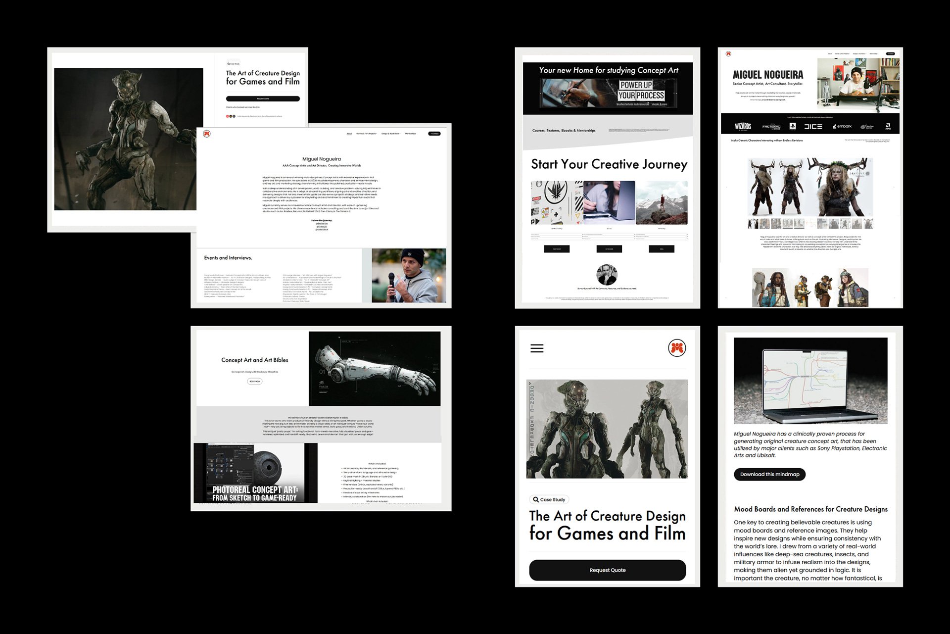 Collage of six website layouts focused on concept art, creature design, and digital art for games and film, featuring artwork, text about art processes, and promotional content.