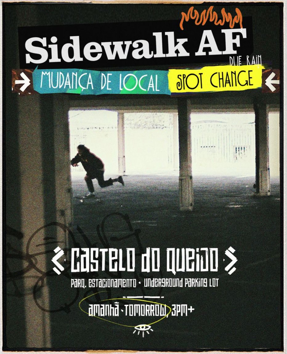 Signboard advertising a local art event at Castelo do Queijo, with details about a parking lot, location, and timing for tomorrow at 3 PM, featuring graffiti art. The background shows a person skateboarding under an overpass.