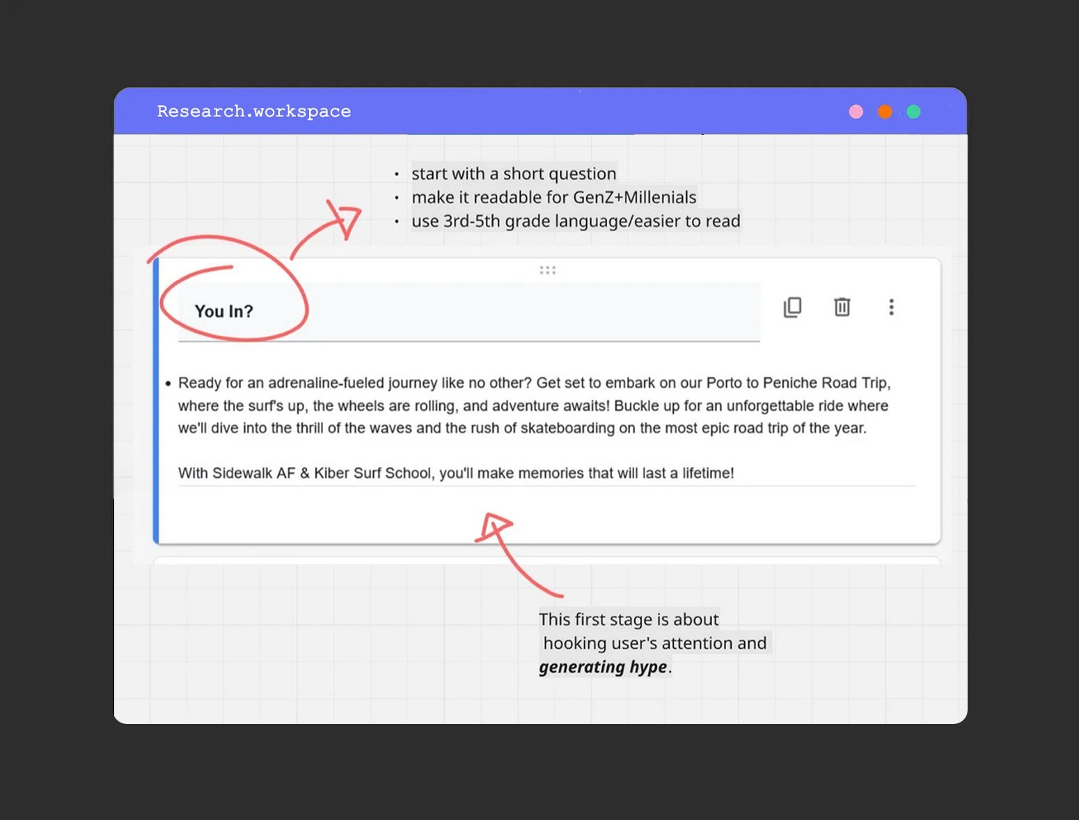 A digital research workspace with a blue tab showing 'Research.workspace'. The page contains a list of tips for engaging users, followed by a section titled 'You In?' with Lithuanian language content about adventure surfing experiences, notes about hooking users' attention, and generating hype.