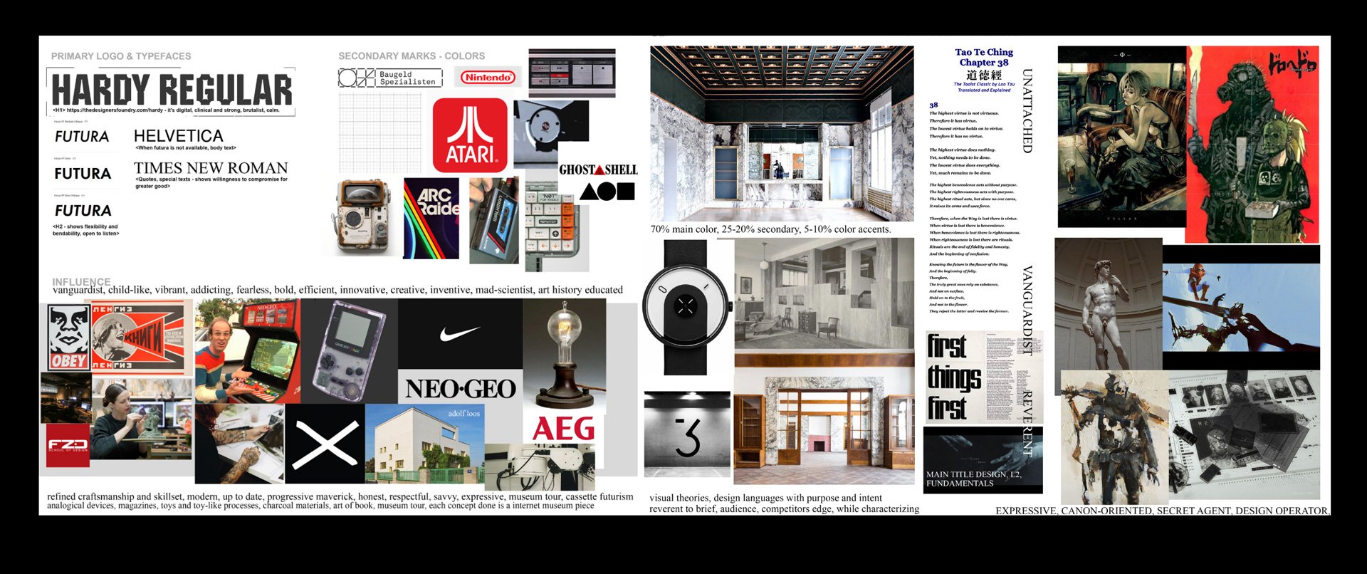 Collage of various designer motifs, including logos, interior designs, artwork, technology gadgets, and pop culture references, with text descriptions and color swatches.
