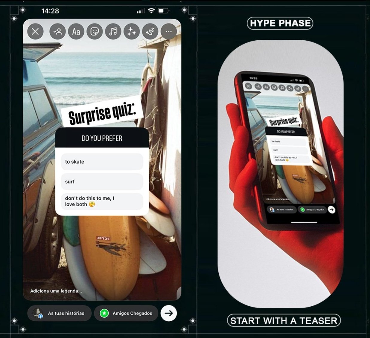 Image showing a mobile phone with a surfboard and cars at the beach in the background, and a graphic of a hand holding a phone with a surfboard visible on the screen. Text overlays include "Surprise quiz," "HYPE PHASE," and "START WITH A TEASER."