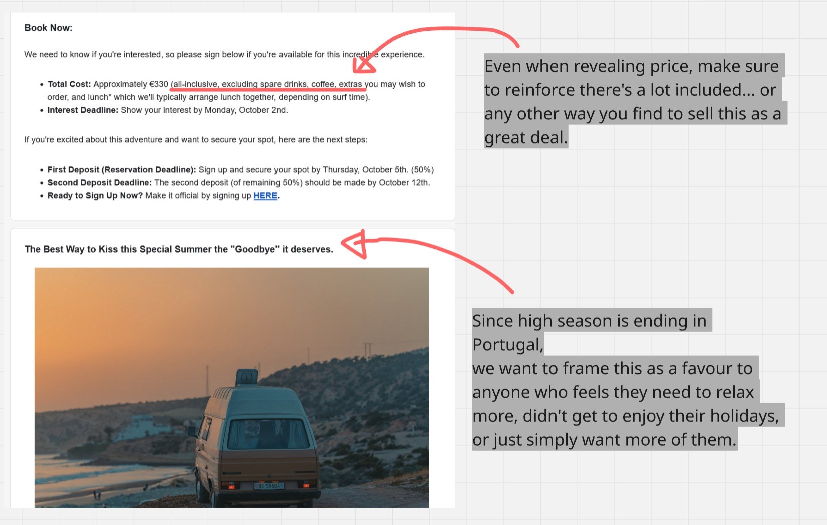 A webpage with a section about booking a summer trip, highlighting costs and deadlines, and a photo of a camper van parked on a beach at sunset. The webpage discusses the end of high season in Portugal and encourages relaxation.