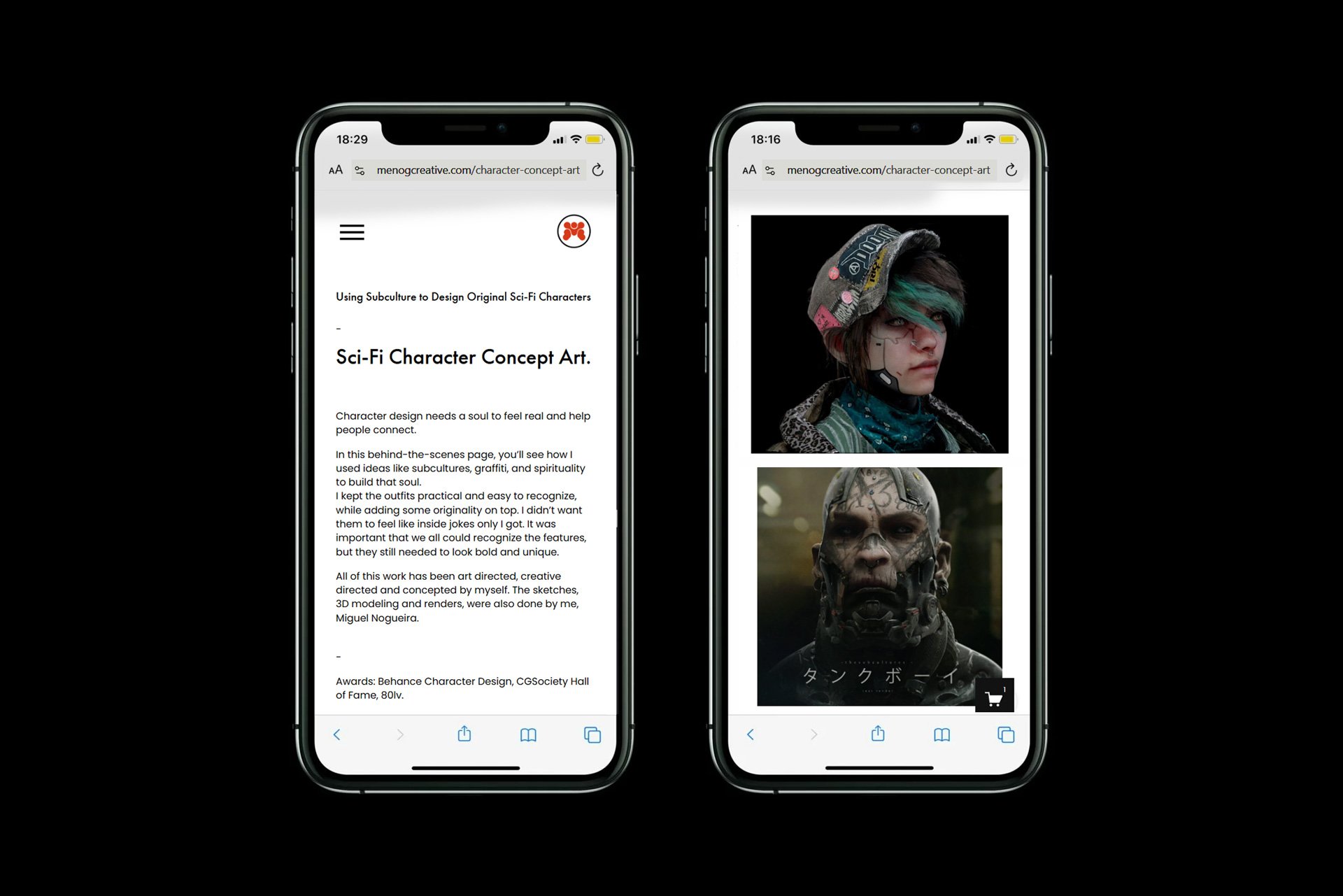 Two smartphones displaying a webpage and character concept art. The left phone shows a webpage about sci-fi character design, and the right phone shows two images of futuristic, armored characters.