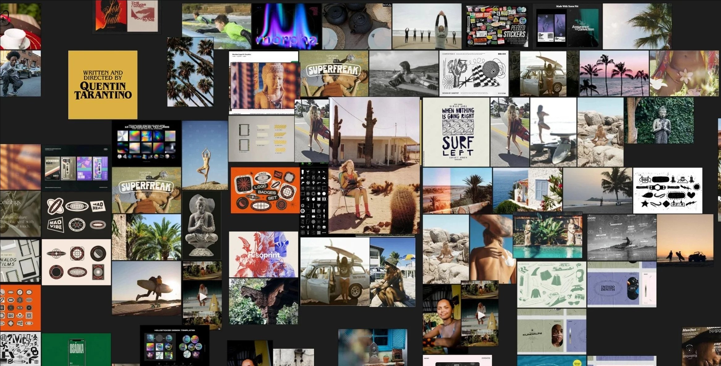 A collage of various images including people at the beach with surfboards, palm trees, a woman practicing yoga, a person sitting by a car with a surfboard, tropical scenery, and travel-related graphics and posters.