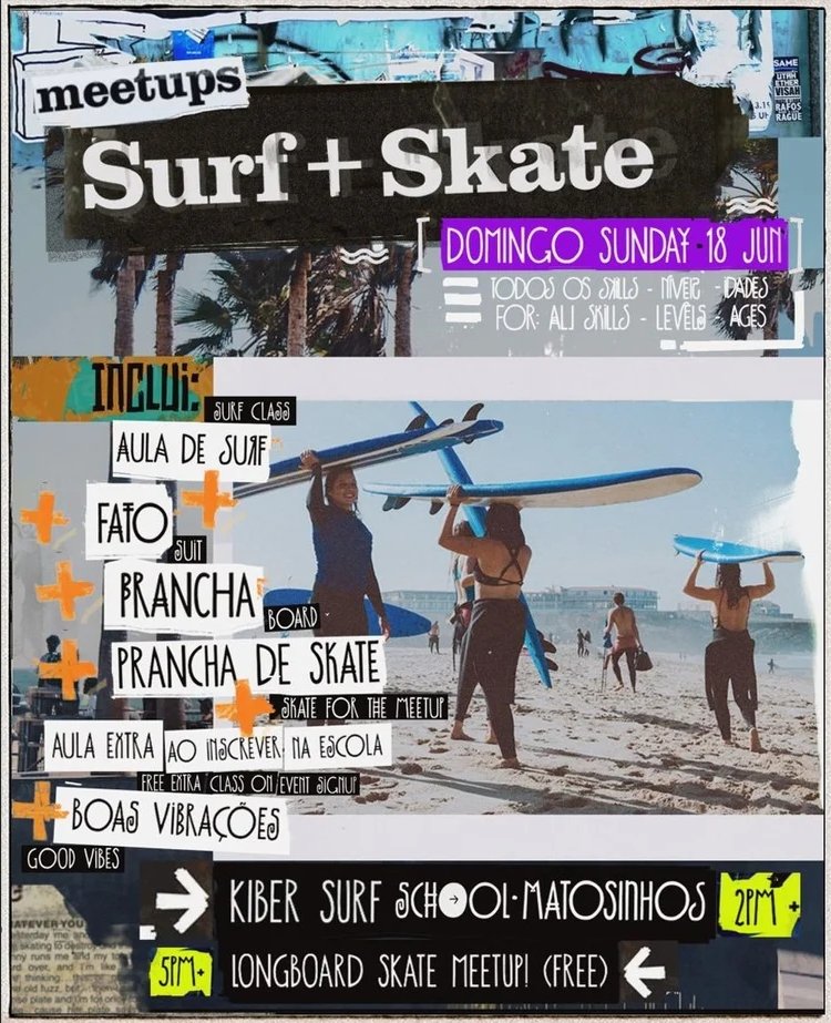 Poster advertising surf and skate meetups happening on Sunday, June 18, in Matosinhos, Portugal, including surf classes, skateboarding, and related activities, with specific times and age groups.
