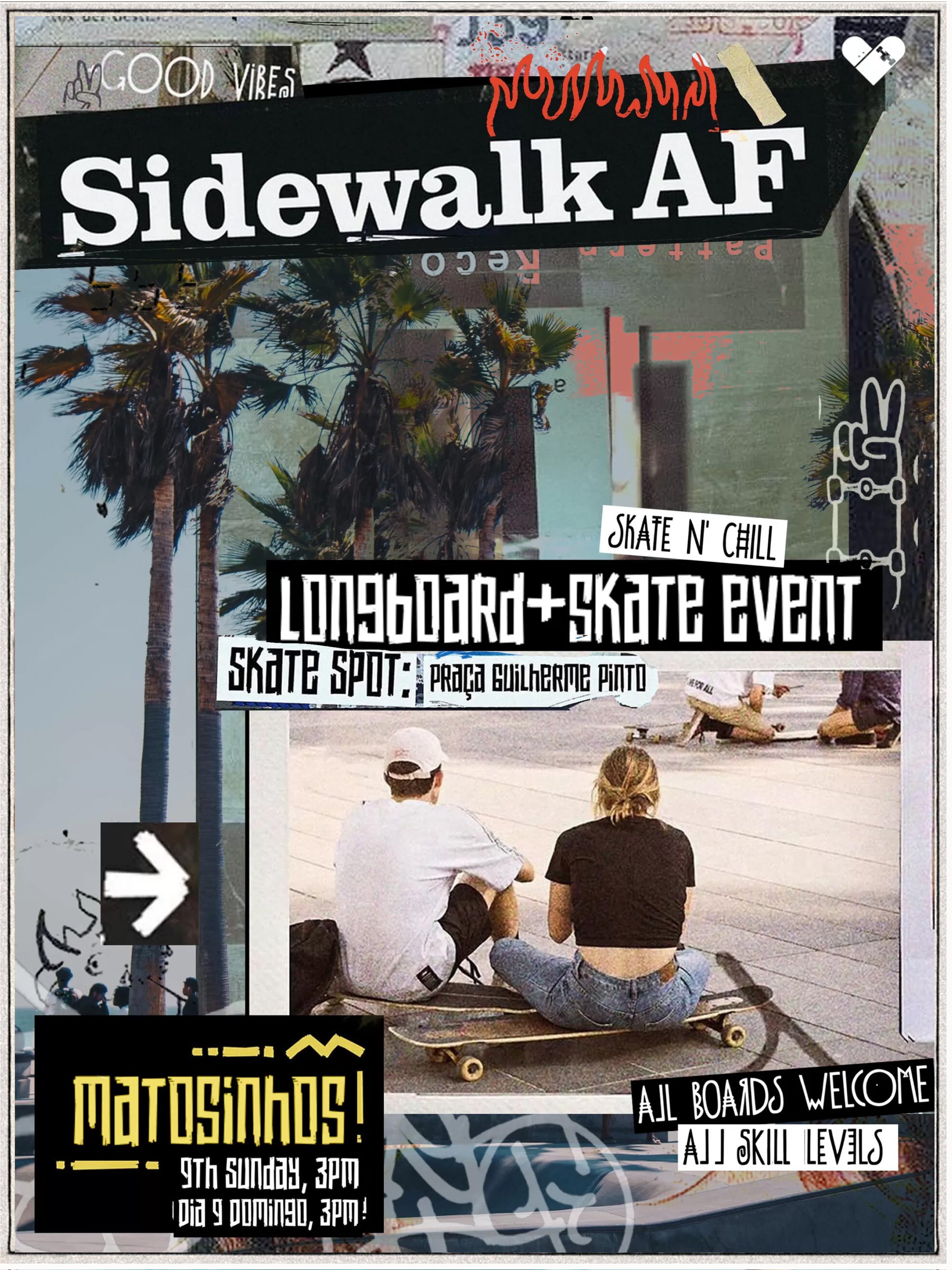 A poster advertising a skateboarding and skating event called Sidewalk AF at Matosinhos. The poster features images of palm trees, skateboarders sitting and skating, and various graffiti and stickers, with text about event details and location.