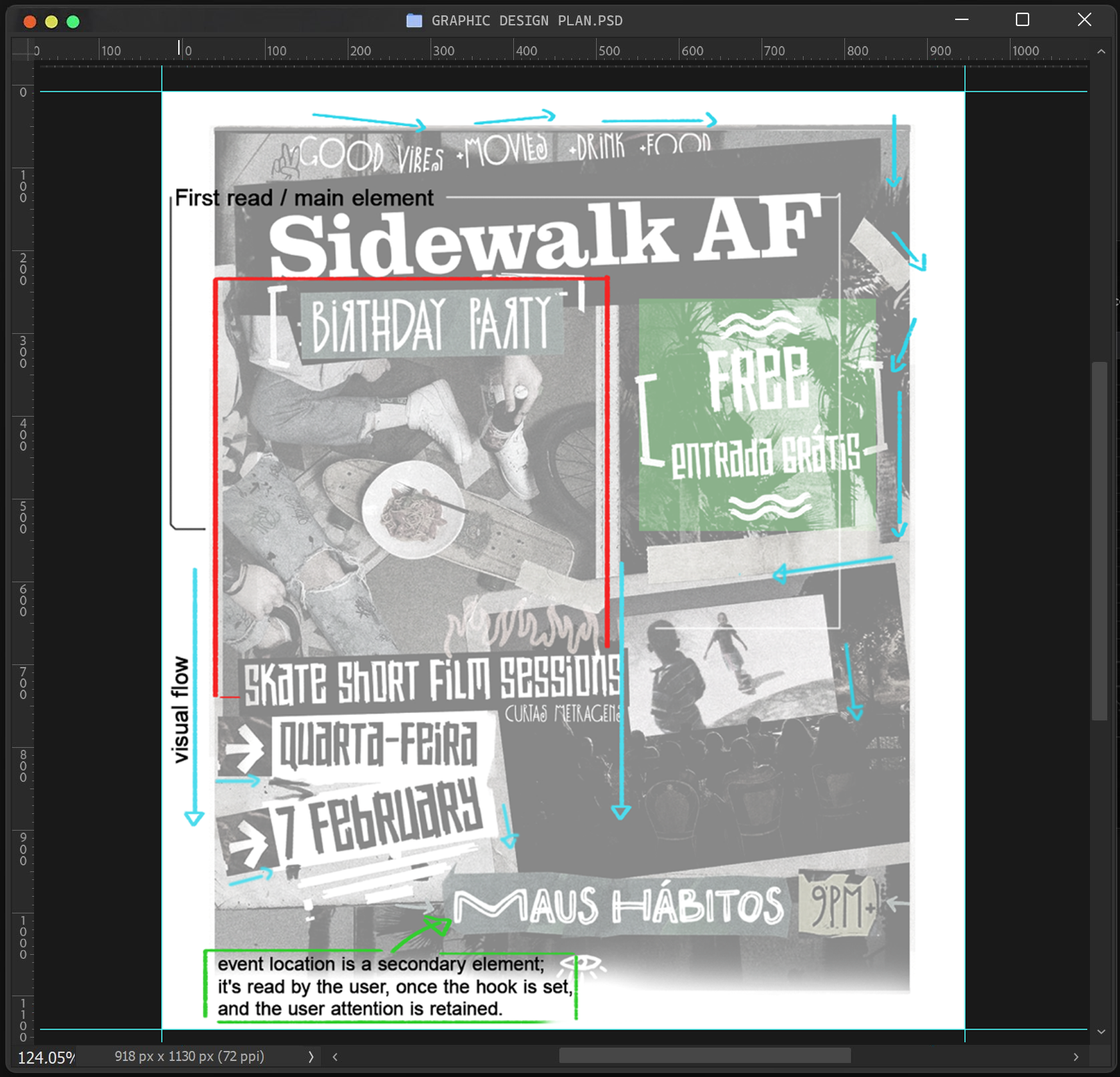 A graphic design plan for a poster promoting a birthday party event. The poster includes a main title 'Sidewalk AF', a subtitle 'Birthday Party', and details about skate short film sessions on February 7 at 9 PM. Other elements include signs for free entry, a photo of people skating, and additional decorative text and images, with annotations pointing to various design components.