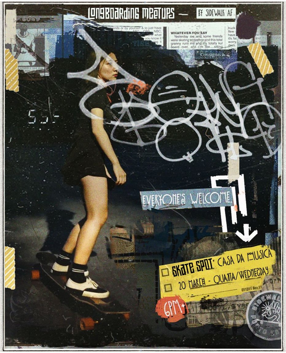 A girl skateboarding indoors near graffiti and posters, with a sign that says "Everyone's Welcome."