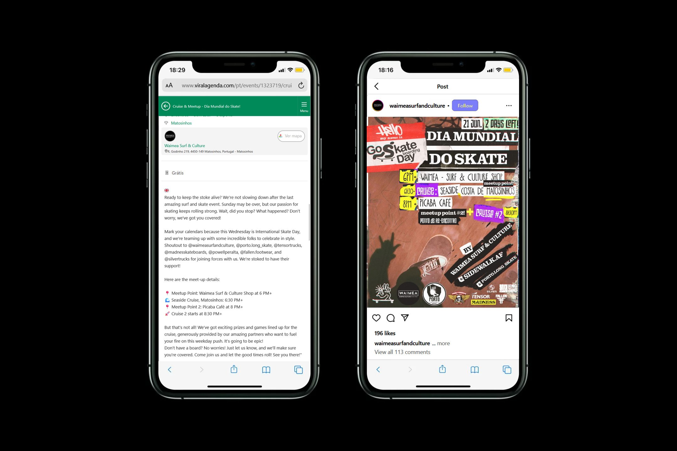 Two smartphones side by side, displaying social media pages. The left phone shows a web page about a skateboarding event at Waimea Surf & Culture with details about the event schedule. The right phone shows an Instagram post with a colorful graphic promoting World Skate Day activities, including a skateboard cruise, a seaside event, a cafe meetup, and a skating competition, with logos and icons related to skateboarding and the event.