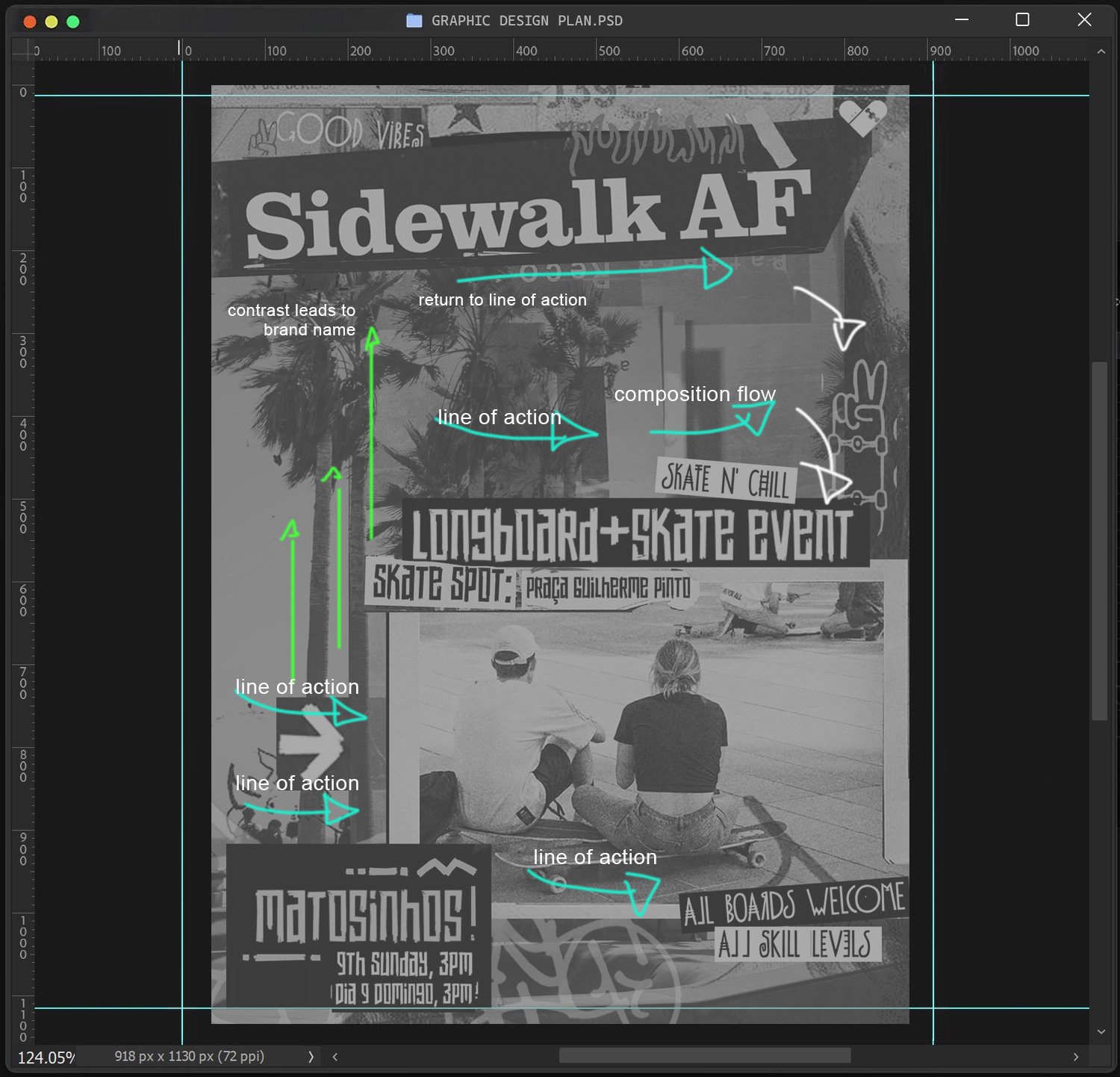 A graphic design plan for a skateboard and longboard event, featuring labeled lines of action, composition flow, and brand contrast, with images of two people sitting on a skateboard and text promoting the event and skate spot.