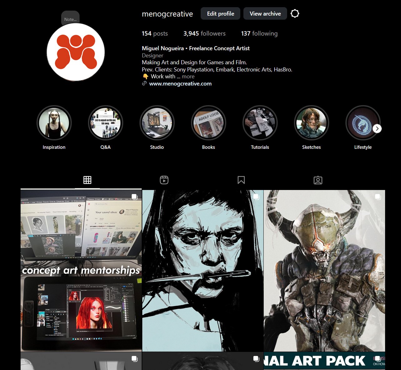 Instagram profile page of menogcreative showing artwork and design projects, including digital art of a woman with a paintbrush, a comic-style portrait, and a fantasy character with horns.
