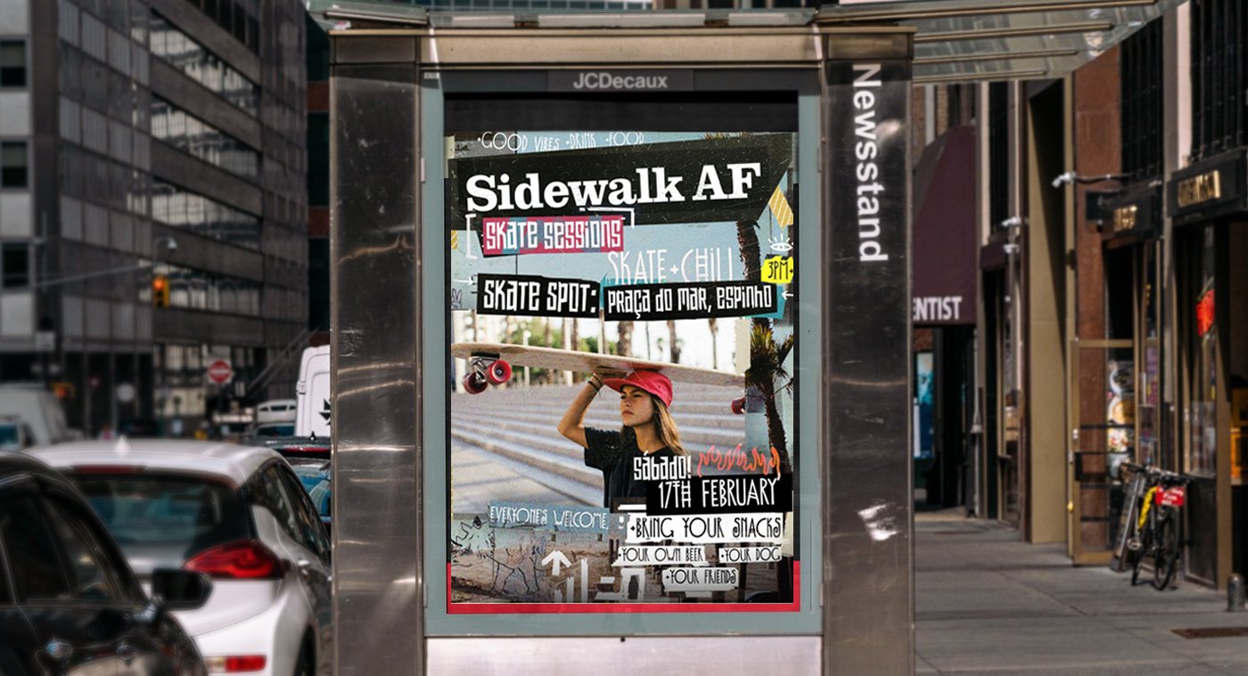 Poster advertising a skateboarding event at the sidewalk AF skate spot on Saturday, February 17th, with activities like bringing snacks, beer, and your dog, located at Praça do Mar, Espinho, in Portugal.