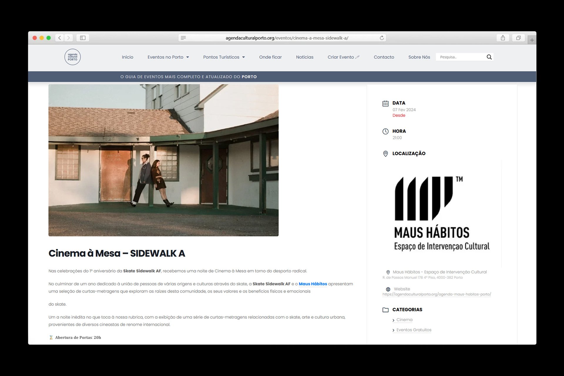 Online event page for Cinema à Mesa - SIDEWALK A, showing a photograph of two people walking in front of a building, with event details, date, time, location, and description in Portuguese on the website.