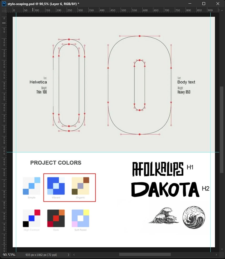 Design draft showing typeface guidelines, project color palette, and text samples, with emphasis on font styles Helvetica and Dakota, and graphics of ocean waves.