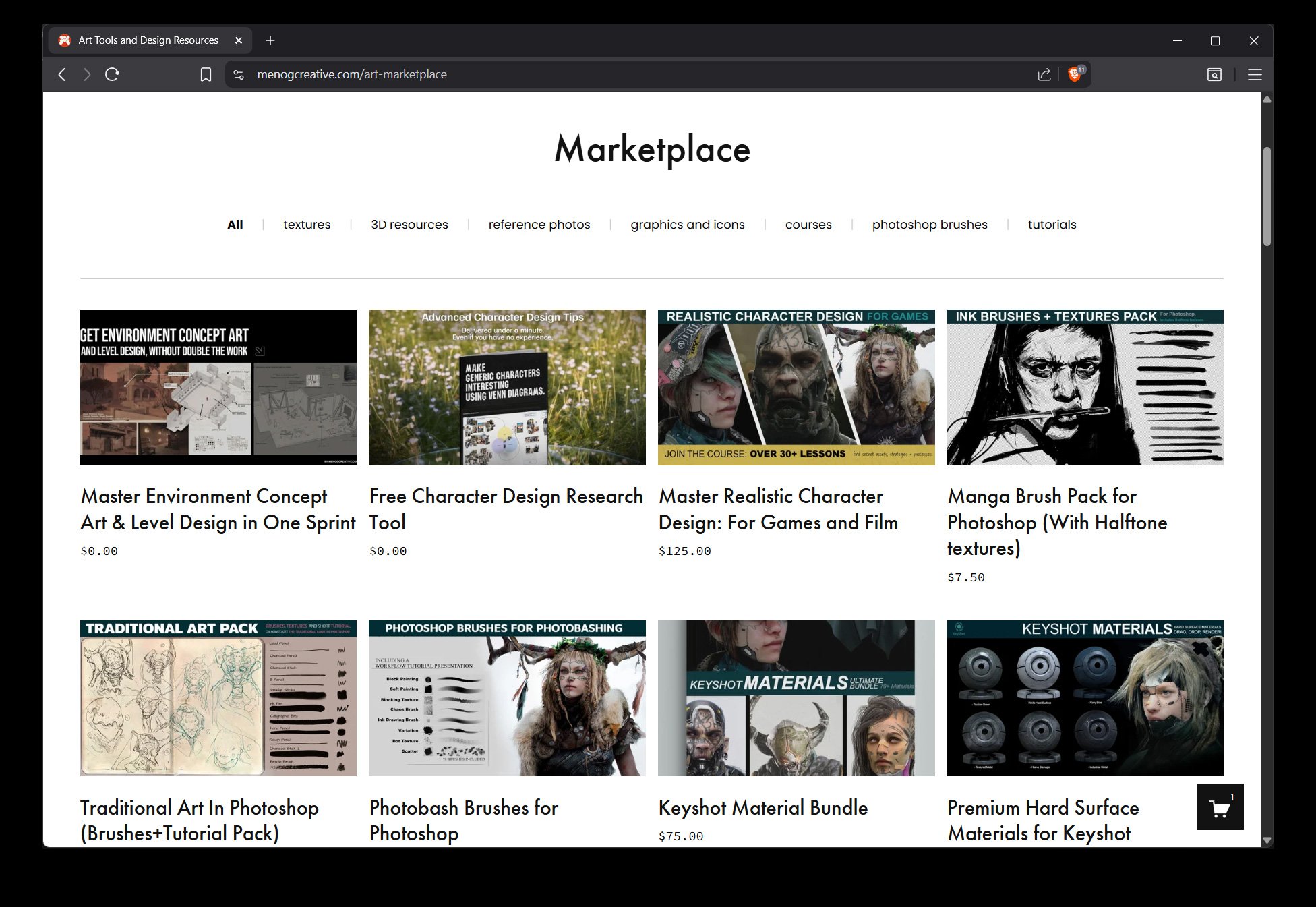 Screenshot of an online art marketplace webpage displaying various digital art resources, brushes, and tutorials for Photoshop, including titles and prices for each item.