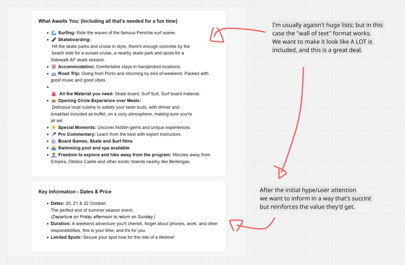 A digital document with handwritten notes and annotations. The printed content lists activities for a trip or event, including surfing, skateboarding, accommodation, road trip, materials needed, meals, and various experiences, along with key information about dates and prices. Handwritten annotations include red arrows pointing to specific sections and accompanying comments explaining the formatting choices for a list and the purpose of providing information in a succinct, reinforced manner.