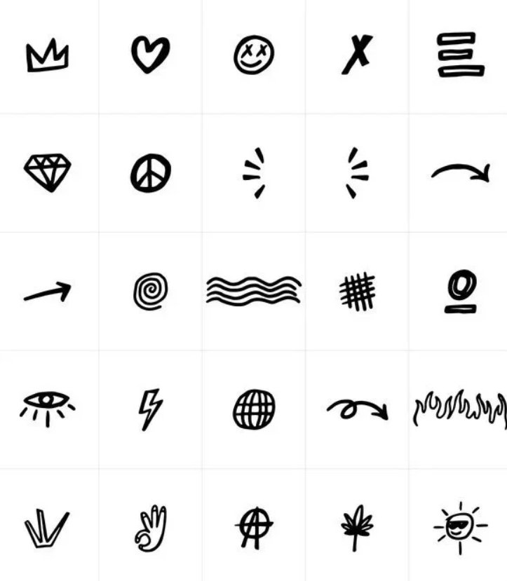 A grid of 20 hand-drawn symbols, including a crown, heart, smiley face, 'X', lines, diamond, peace sign, radiating lines, arrow, swirl, wavy lines, grid, oval, eye, lightning bolt, globe, arrow curving to the right, flames, a hand making an 'OK' gesture, mushroom, and a smiling sun.