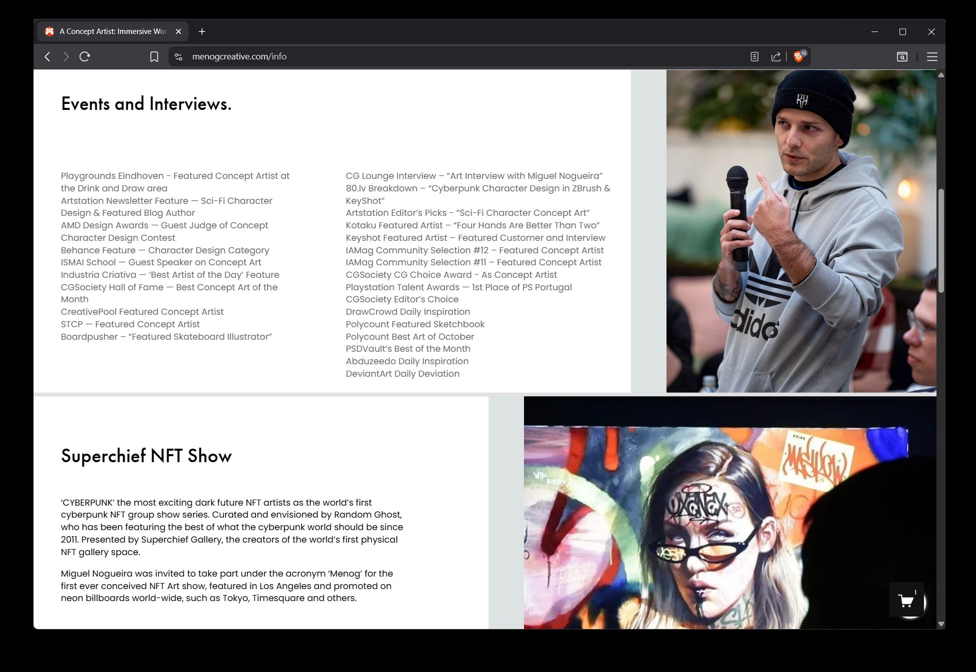 Screenshot of a website page titled 'Events and Interviews,' with a list of various event descriptions on the left side. On the right side, there are two photographs: the top photo shows a man in a gray hoodie and black beanie speaking into a microphone outdoors, and the bottom photo features a woman with tattoos and glasses, covered in colorful spray paint, posing for a photo in front of graffiti art.