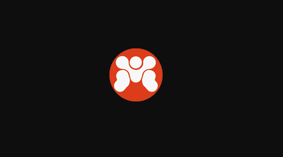 Logo with a red circle and a white stylized human figure inside, on a black background.