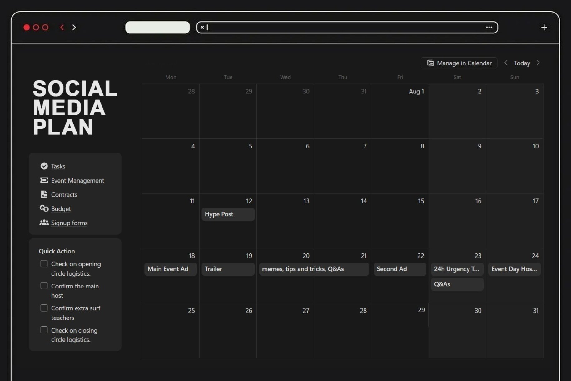 A digital social media content calendar on a computer screen with scheduled posts, tasks, and event management features.