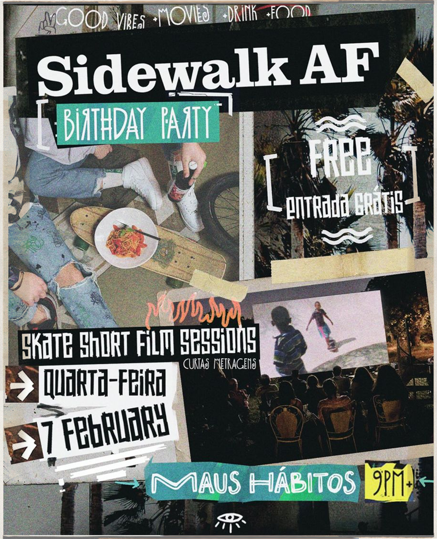 A collage poster advertising multiple events and activities, including a birthday party, skate short film sessions, and a free screening. The poster features images of people skating, a night outdoor movie screening, and food, with text in both English and Portuguese.