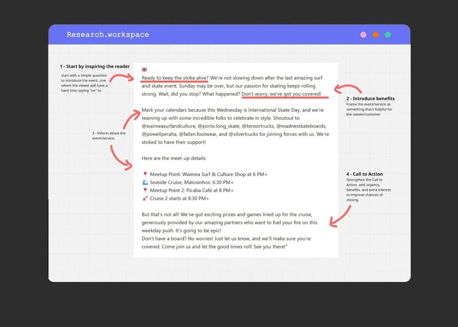 Screenshot of a digital research workspace with a document detailing skateboarding event information, including meetup points, times, and activities, with annotations pointing to different sections highlighting key points.
