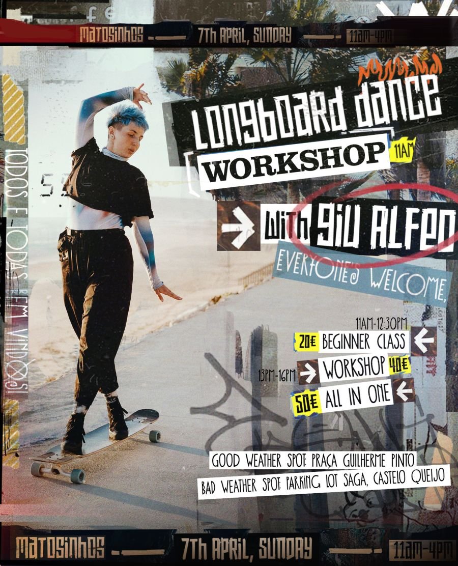 A flyer for a longboard dance workshop with Gui Alepe, scheduled for April 7th, Sunday, from 11 am to 4 pm, at Praça Guilherme Pinto. The flyer features a person skating, along with details about beginner classes, workshops, all-in-one sessions, costs, and weather conditions.